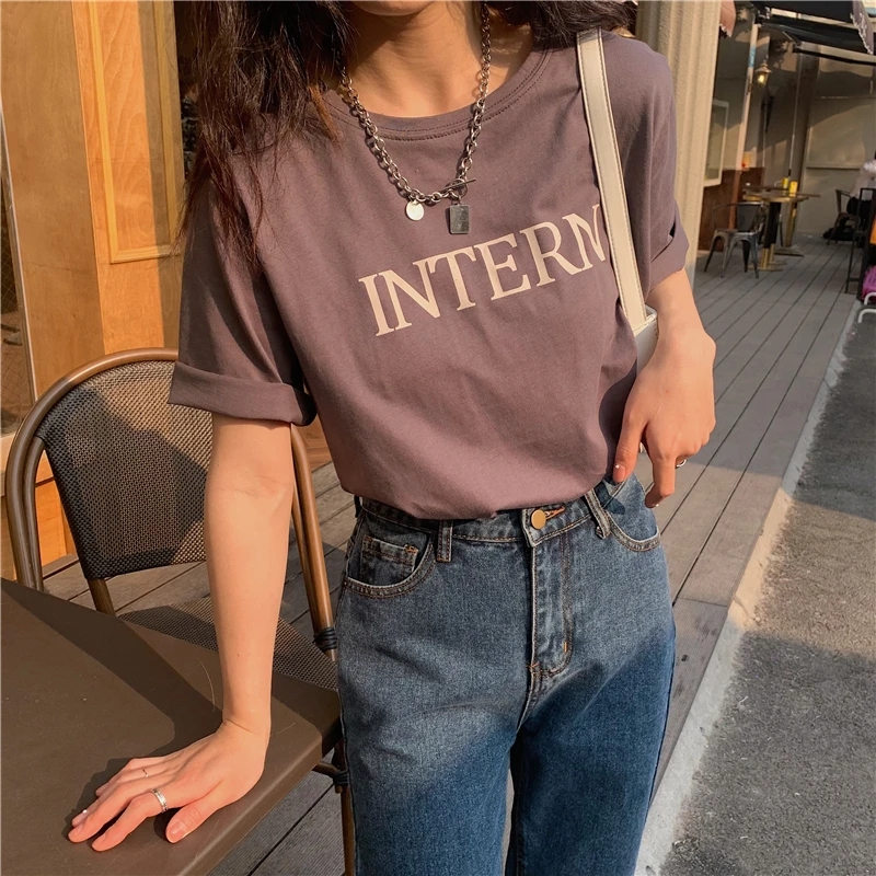 

HziriP Basic High Quality Cotton Short Sleeves Chic 2021 Letters Printed Stylish All Match Brief Tops New Loose Casual T-shirt