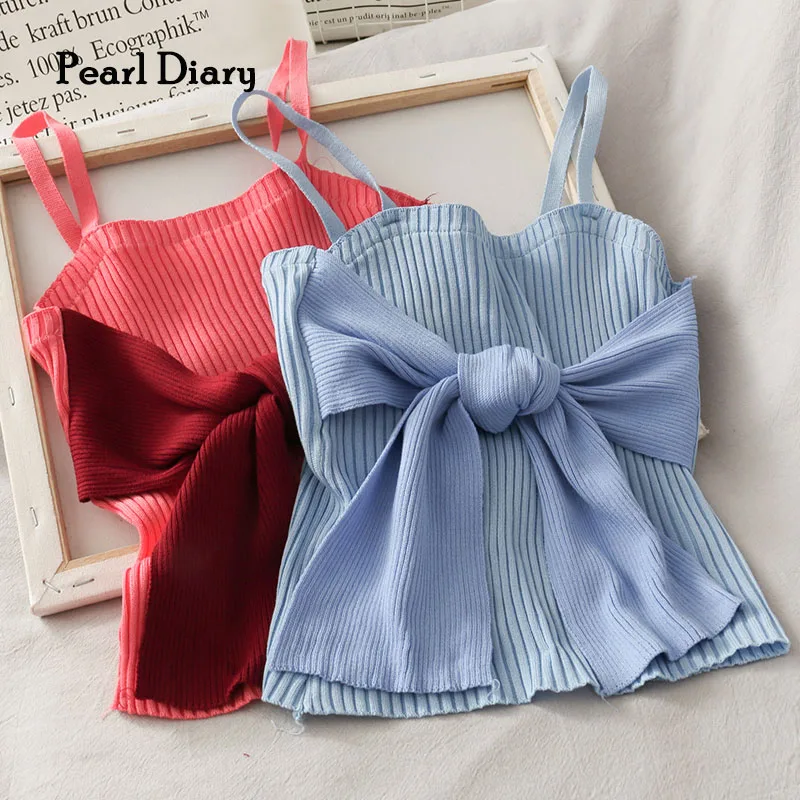 

Pearl Diary Women Sweet Rib Crop Tops Summer With Big Bow Casual Korean Style Going Out Cute Tops Retro Beachwear Holiday Tops