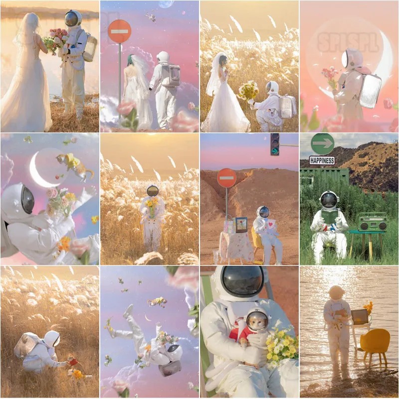 

Portrait Painting 3D Beautiful and Dreamy Bride Astronaut In Wedding Dress Proposes A Beautiful Wedding Picture Home Decor Mural