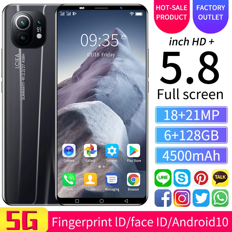

Cheap Hot Global Version M11 5.8 Inch Smartphone 6+128GB 8 Core 18+21MP 4500mAh Fingerprint Unlock Dual SIM MTK6898 Mobile Phone
