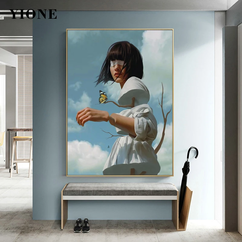 

Abstract Art Figure Oil Painting Nordic Branches Girl Blue Sky Canvas Print Wall Picture for Living Room Home Decoration Poster