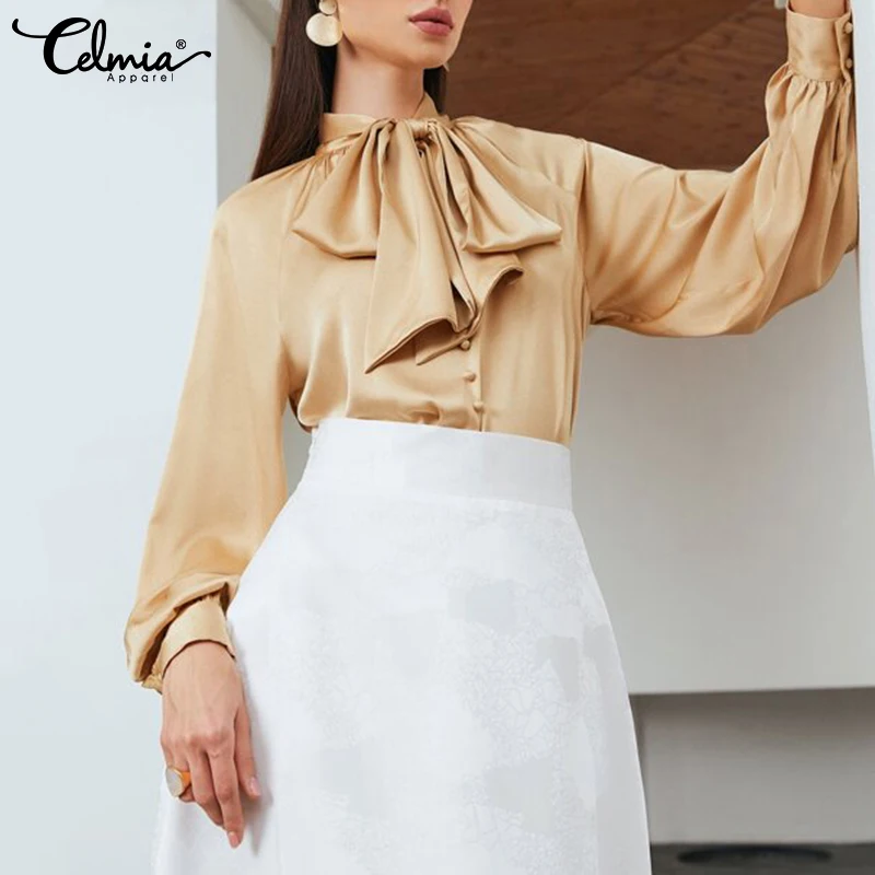 

Элегантная атласная Модная туника Celmia, топы, весенние женские блузки 2022, рубашки с бантом на воротнике, офисные блузки с рукавами-фонариками