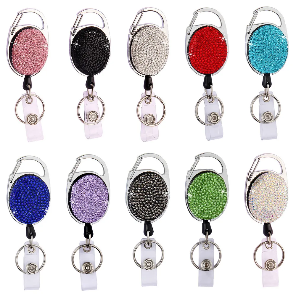 

Crystal Retractable Pull Keychain Shinny Badge Reel ID Lanyard Name Tag Card Holder Badge Holder Car Key Chain Belt Clips
