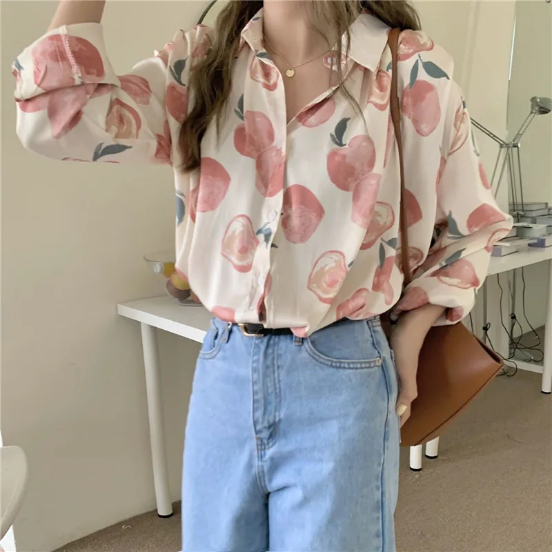 

HziriP 2021 New Spring Office Lady Design Chic Casual Loose Printing Retro Turn-Down Collar Blouse Gentle Long Sleeve Shirt