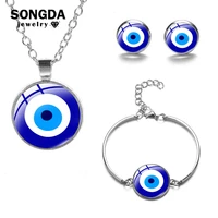 blue turkish evil eye jewelry sets amulet evil nazar eye charm glass silver color necklace earrings bracelet lucky women jewelry