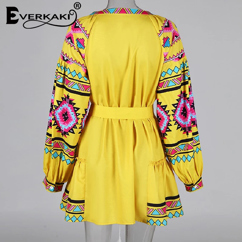 Everkaki Ethnic Print Tassel Mini Dress Women Summer Vestidos Sashes Boho Ladies Short Dresses Loose Female 2021 New Fashion | Женская