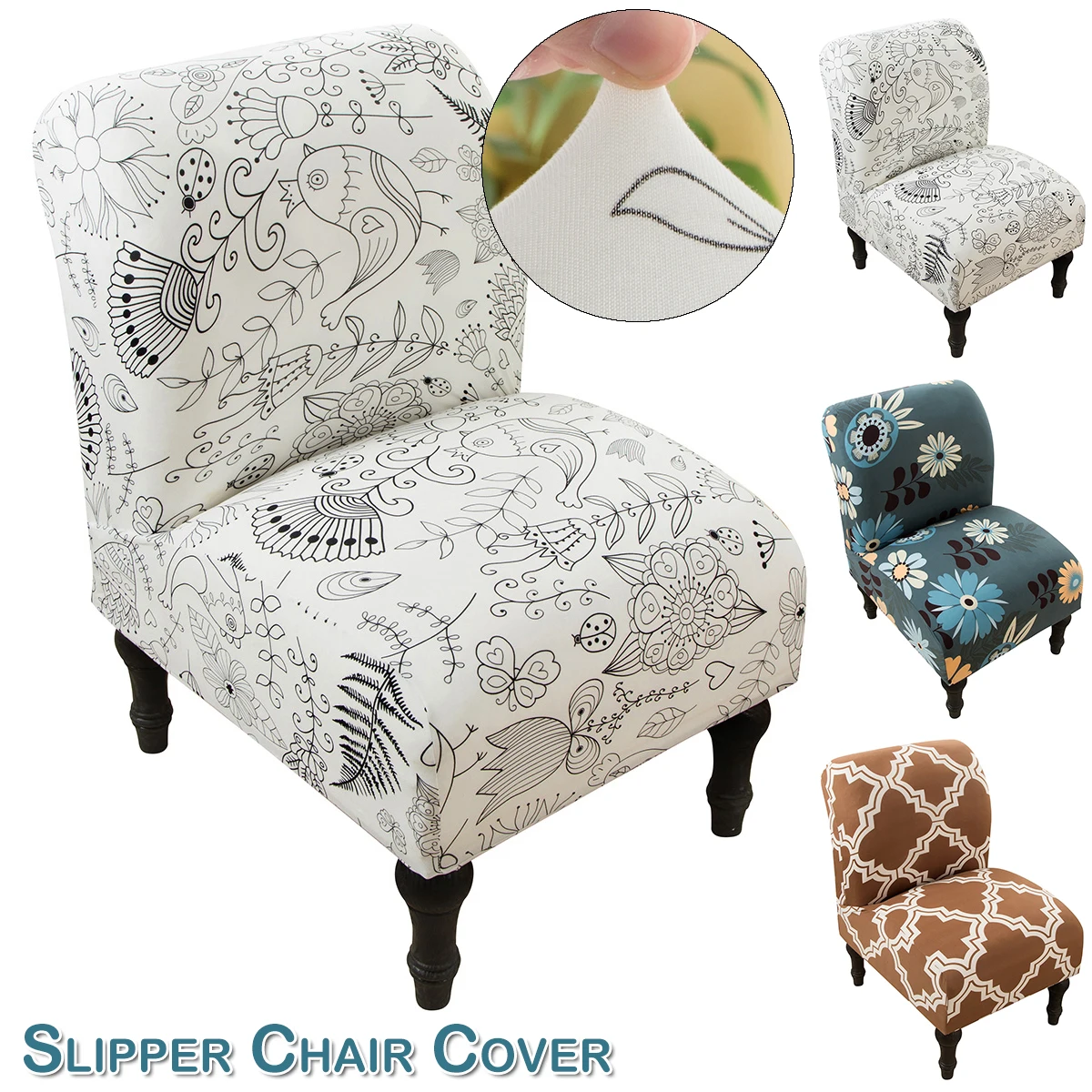 

Armless Accent Chair Covers Vintage Floral Short Back Chair Slipcovers Spandex Armchair Protector For Living Room Hotel Decor