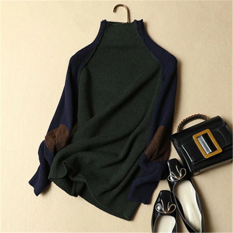 

Turtleneck Loose Women Pullovers Female Patchwork Loose Thicken Sweaters Winter Knitted Pull Female Tops Coat