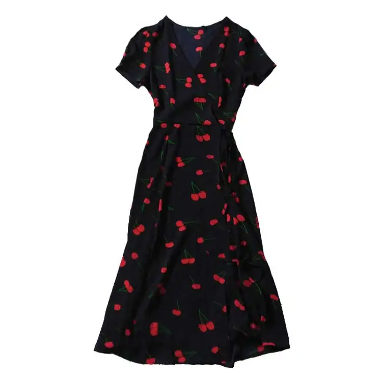 

BOHO INSPIRED Wild Cherry printed wrap summer dress short sleeve V-neck sashes midi dress female chiffon party women vestidos