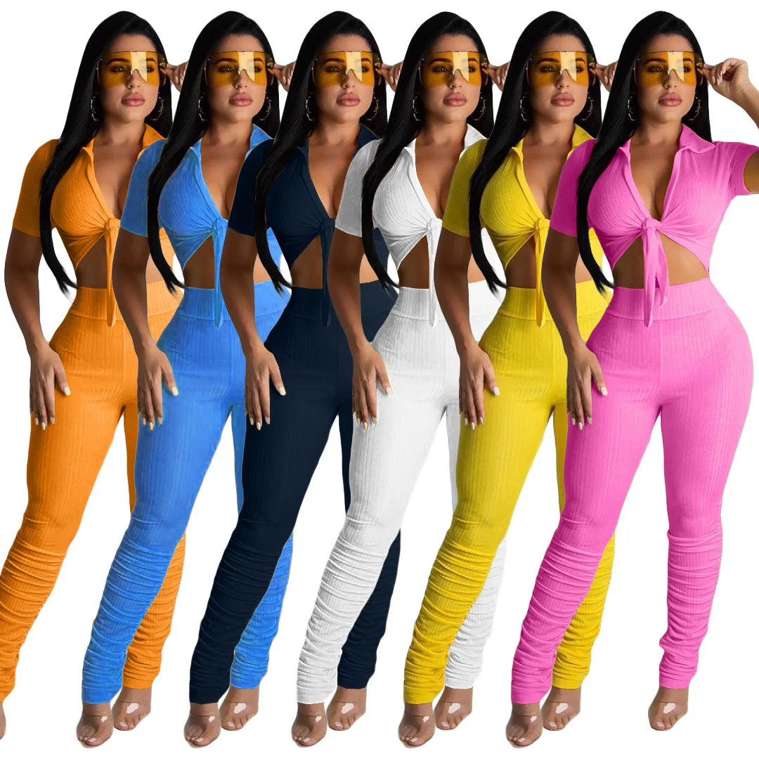 

Women 2 Pcs Set Solid Color Ribbed Stripe Wrap-around High Waist Pile Long Pencil Pants Set Tie Front Crop Tops Casual Tracksuit
