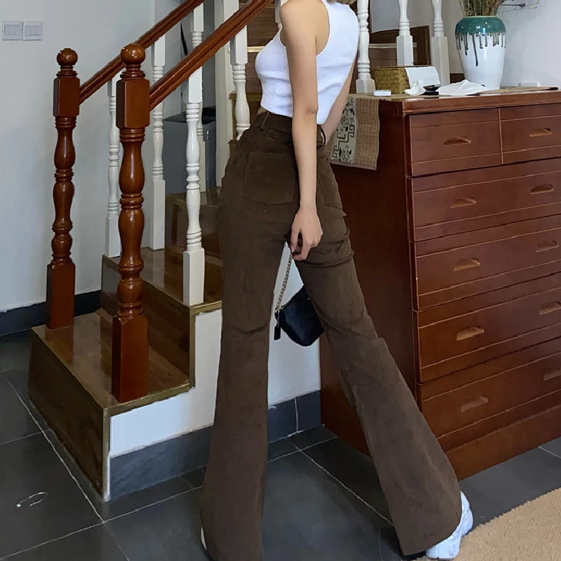

Dourbesty New Women Straight-leg Pants with Pockets Solid Color High Waist Corduroy Trousers y2k 90s E-girls Trousers Streetwear