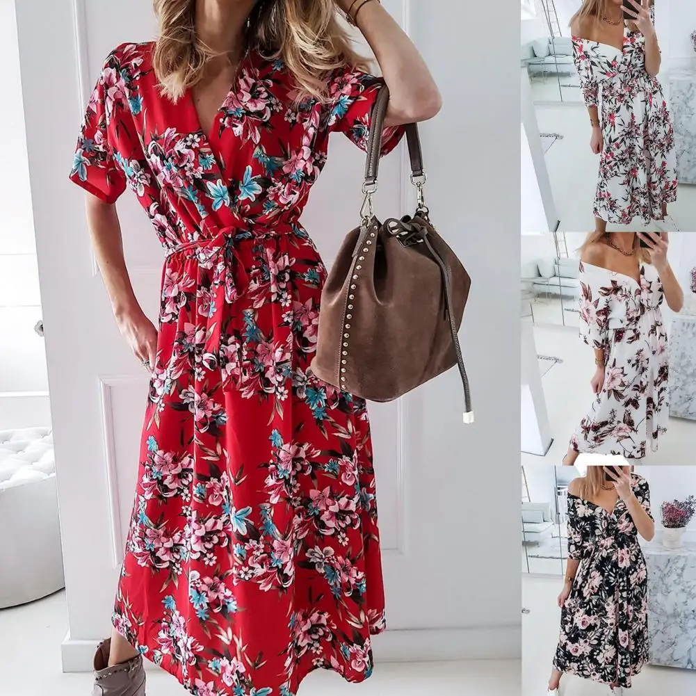 

3 Colors Elegant Women Floral Printing Casual Dress Female Summer Dress Short Sleeve for Dating