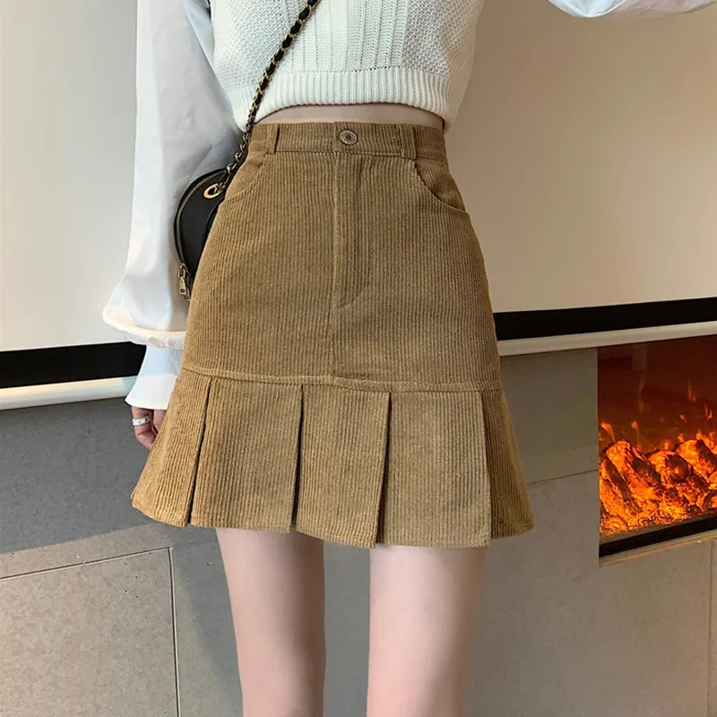

Women A-line Mini Skirts New Arrival 2022 Korean Style Vintage Corduroy Solid Color High Waist Ladies Elegant Short Skirt W822