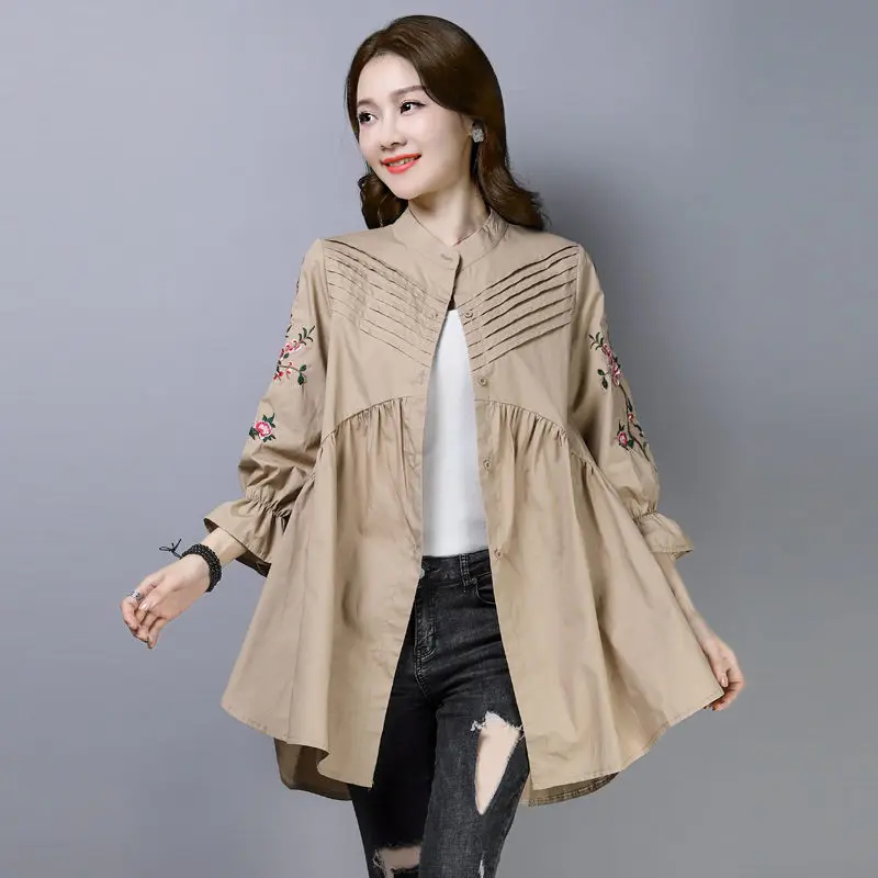

Chinese Style Embroidered Nine-point Sleeve Shirt Female 2020 Autumn New Large Size Top Loose Mid-length Shirt And Blouse K701