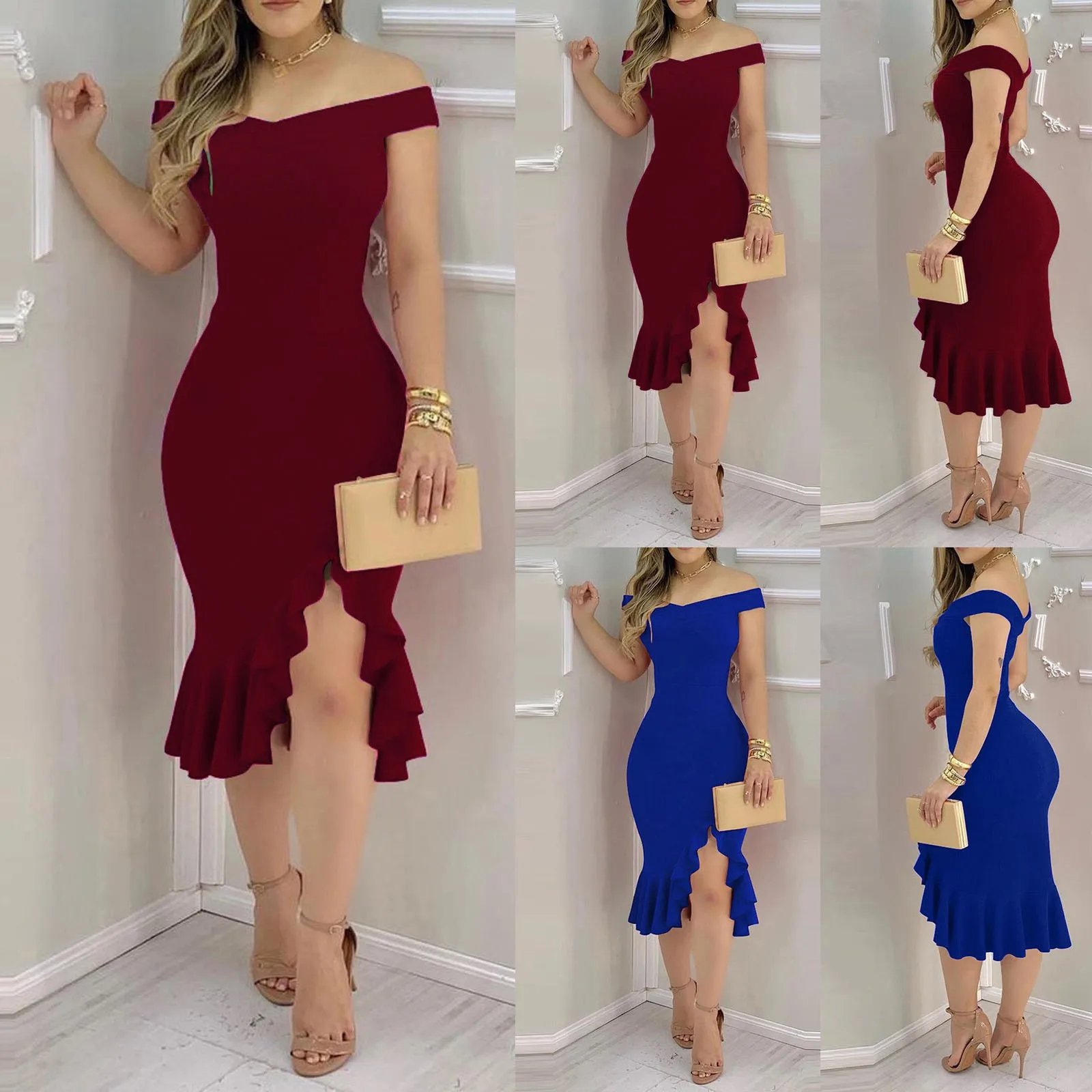 

Sexy Off Shoulder Ruffle Slit Party Dress Women's Fashion Solid Evening Banquet Package Hip Dress Elegant Female Pencil Vestidos