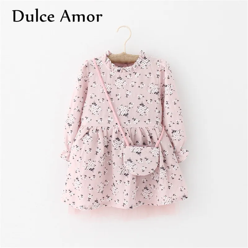 Dulce Amor/платье с цветочным узором для девочек; Одежда для маленьких девочек; коллекция года; сезон весна; элегантное платье принцессы с длинными рукавами и принтом цветов сливы с сумкой - Цвет: Розовый