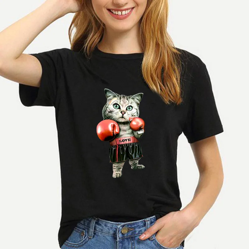 

Women Clothes Casual t-shirts100% Cotton Funny boxing cat printing O Neck Short Sleeve top quality cool loose Fashion Tops tee