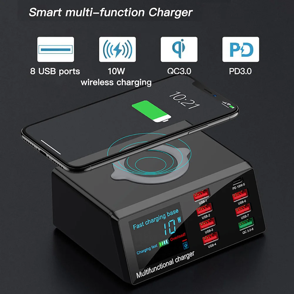 8 USB портов Беспроводное зарядное устройство для телефона PD QC 3 0 Быстрая зарядка