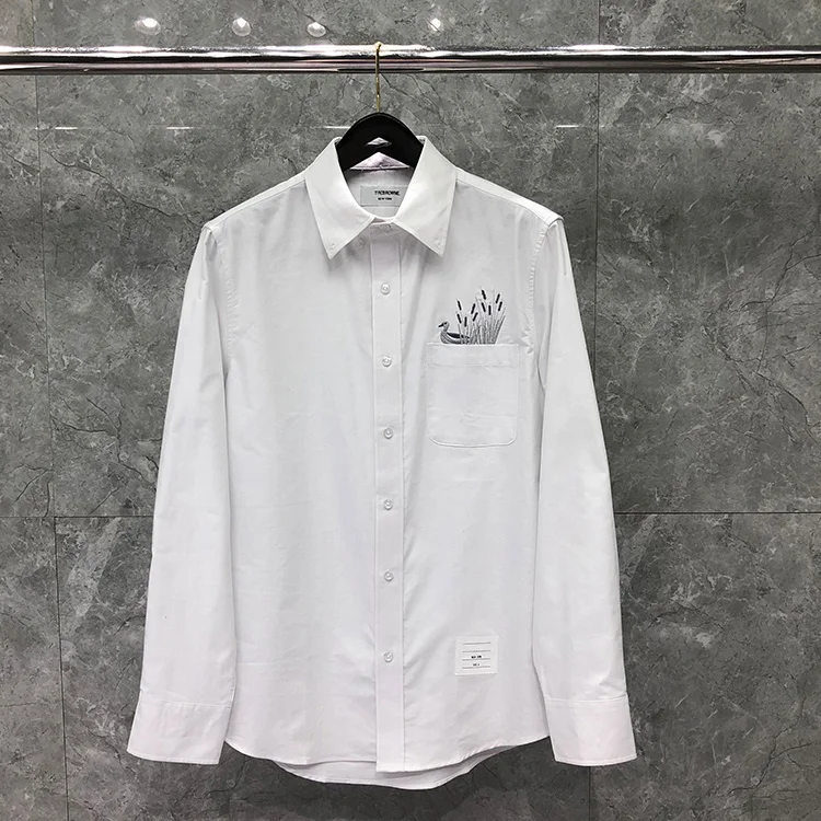 

2021 Fashion Brand Shirts Men Long Sleeve Casual Shirt Turn Down Collar Oxford Bird Embroidery White Men's Clothing