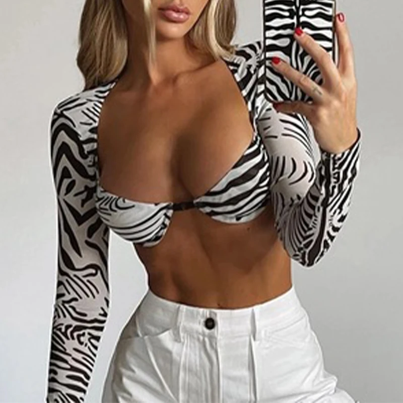 

2021 Sexy Mesh See Through Women Crop Tops Summer Fashion Zebra Print Female T-shirts New Long Sleeve Slim Street Ladies Clothes