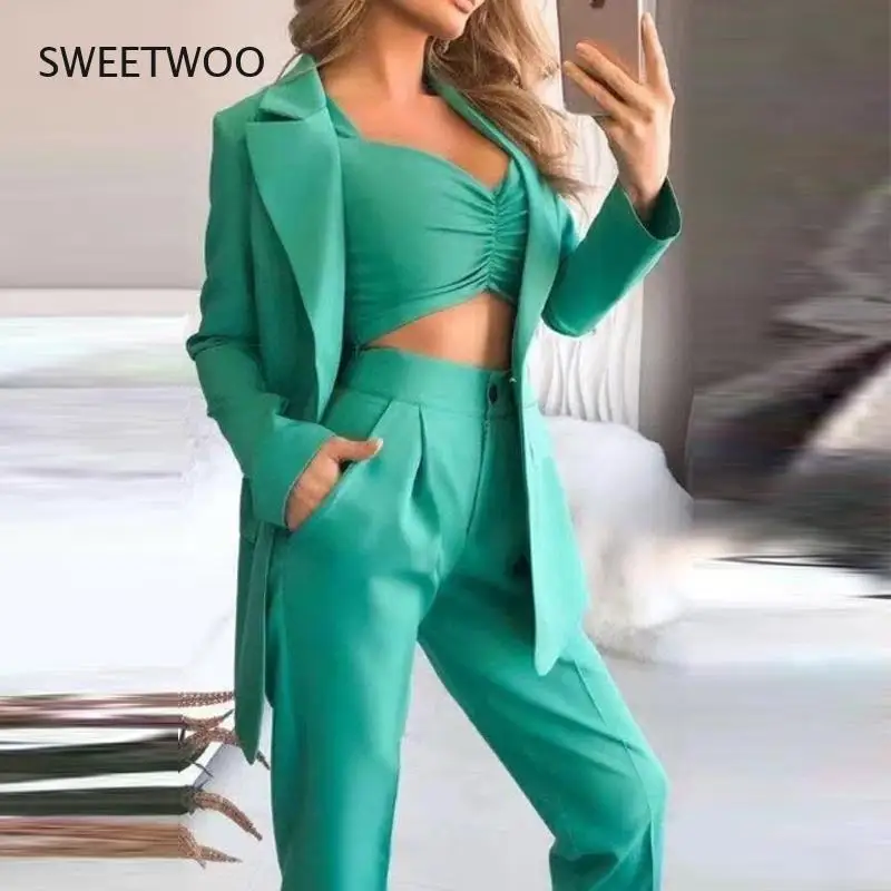 

2021 Spring and Autumn Fashion Solid Color Women's Sexy Casual Suit Jacket + Bra + Trousers Elegant Office Lady Pocket Suit