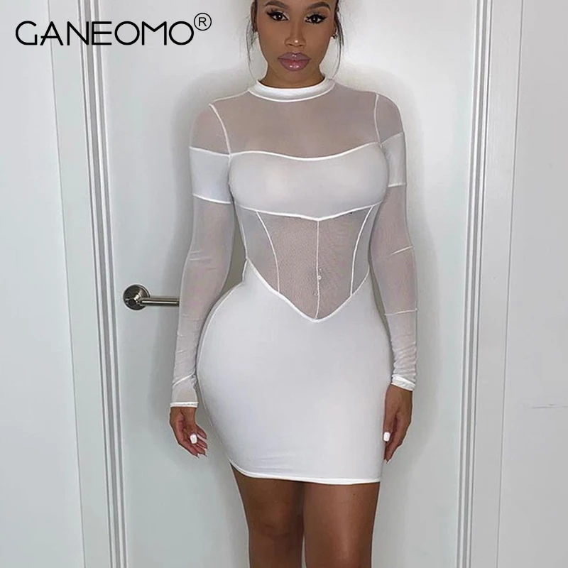 

Women Fashion Long Sleeve Mesh See Through Dress Autumn Party Club Bodycon White Mini Dresses 2021 Fall Clothes Wholesale Items