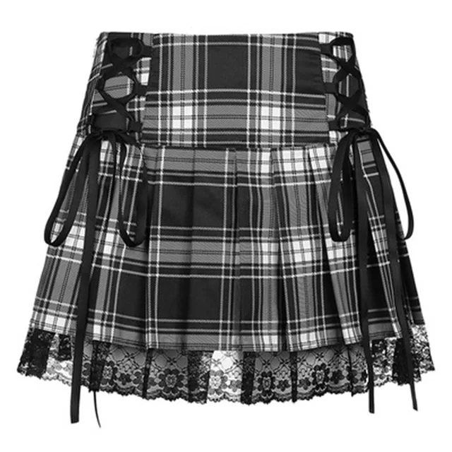 

Mini Skirt Women Goth High Waist Punk A Line Skirts Ladies Y2K Aesthetic Punk Plaid Pleated Short Skirt Lace Up Jupe Femme