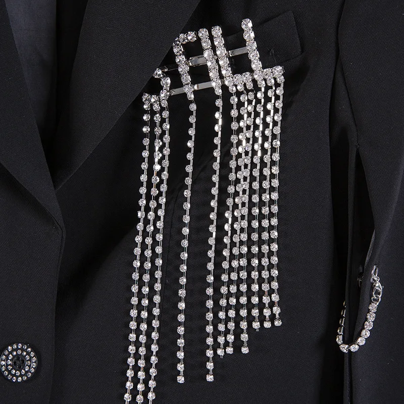 

High Street Boutique Women Short Blazers Luxury Diamonds Tassel Jackets Designer Hollow Out Sleeves Personality Lady Party Coats