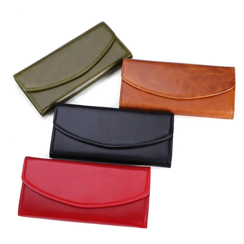 

100% Genuine Leather Wallets Women's Clutch bag Long Oil Wax Cow Leather RFID Protection Card Holder Purse Lady Wallets 2020 New