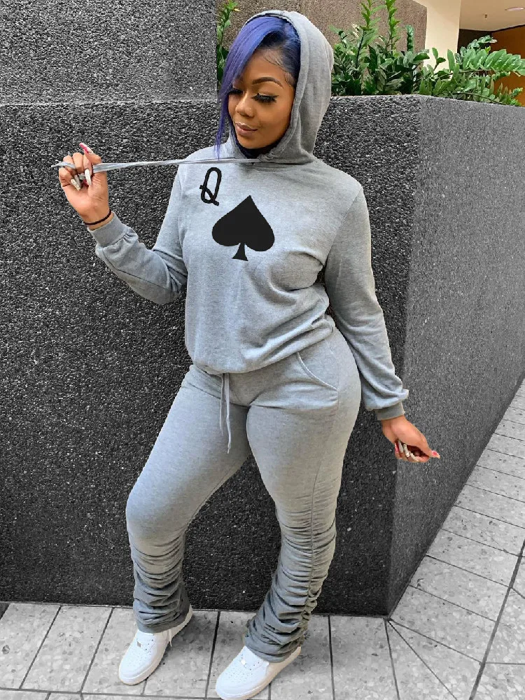 

2 Piece Set Women Autumn Winter Fashion Poker Print Hoodie Stacking Pants Jogger Sportswear Outfit Women Two Piece Set