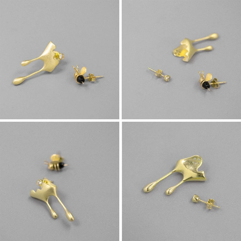 

1 Pair Handmade Fine Jewelry 18K Gold Bee And Honey Drops Asymmetrical Stud Earrings For Women 925 Silver Jewelry Gifts