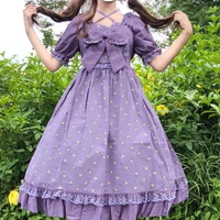 japanese style sweet lace edge square collar lace up bow floral high waist puff sleeve ruffled dress female summer lolita dress