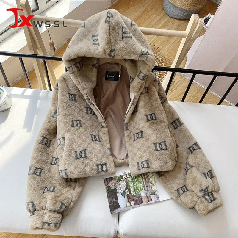 

2021 New Letters Hooded Jacket Female Korean Loose Particle Wool Fleece Keep warm Fur Coat Fashion Women Winter Short Coat