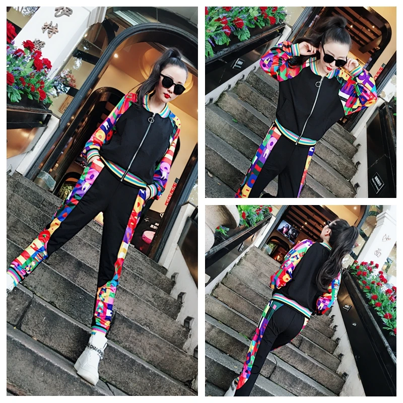 

Full Sleeve Patchwork 2020 Spring Autumn tracksuit outfit fashion two piece Set Women suits casual Overalls Jumpsuits