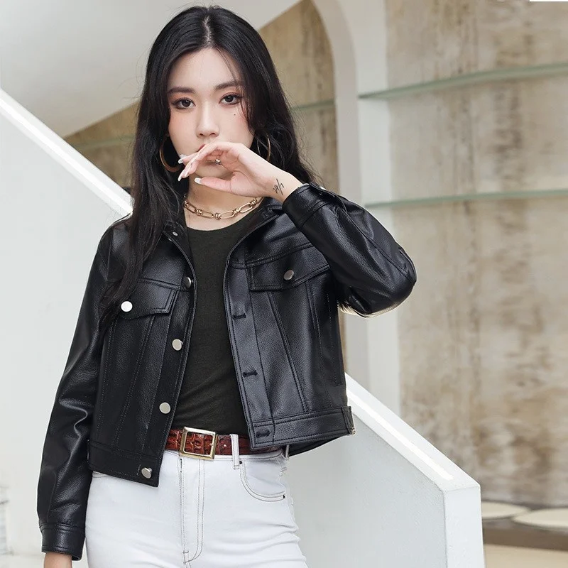 

Women Sheep Coat Spring Motorcycle Short Coats Female Motorcyclist Genuine Leather Jacket Mango Long-Sleeved Leather Breasted