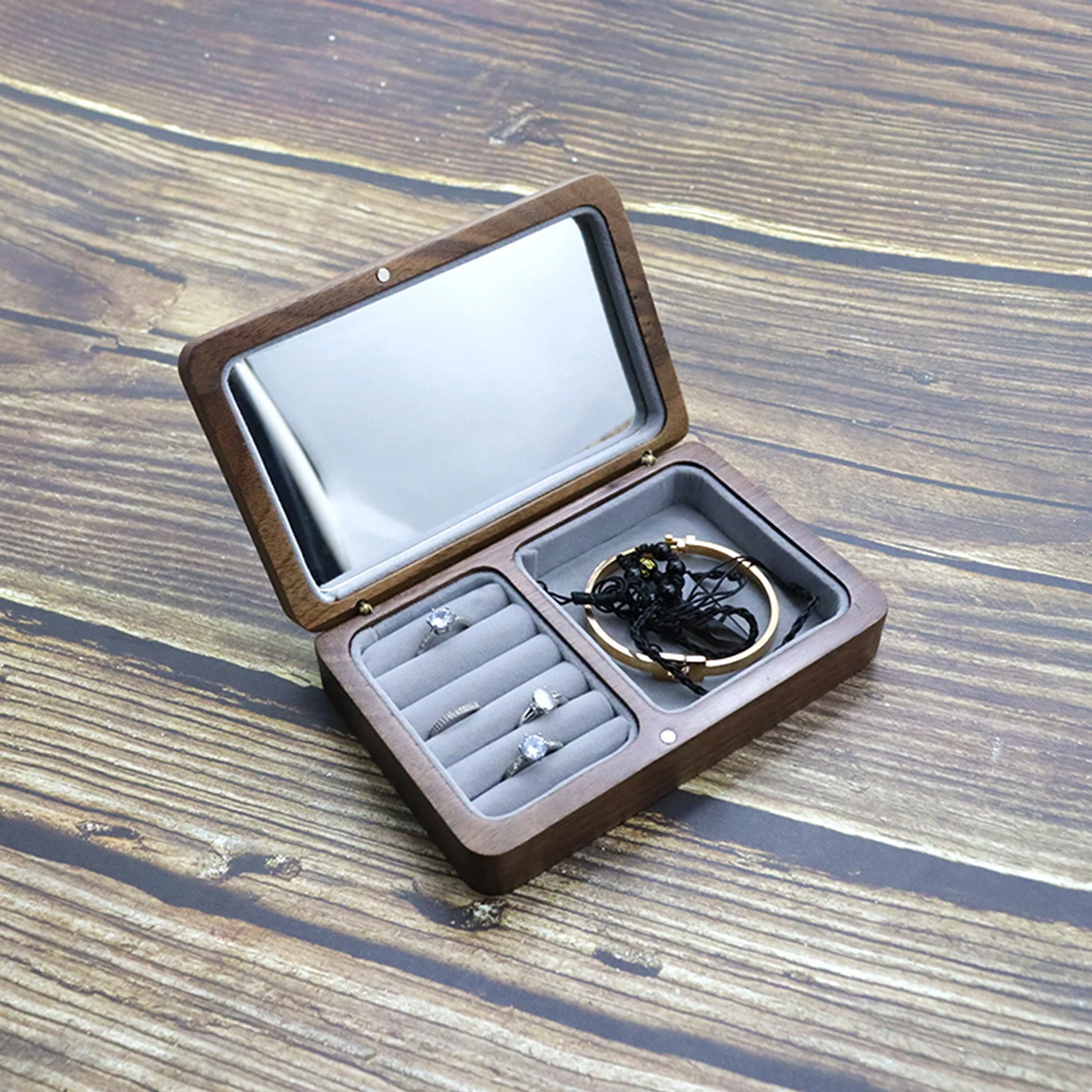 Retro Black Walnut Jewelry Box Organizer Personalised Name Date Handmade Jewelry Storage Earring Holder Gifts With Makeup Mirror