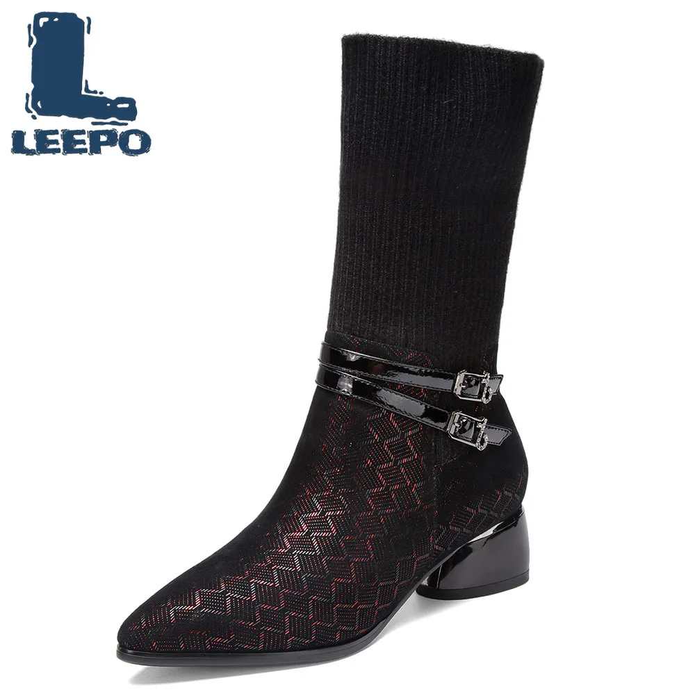Goede Mid Kalf Laarzen Voor Vrouwen Schapenvacht Snake Patroon Stretch Gebreide Wol Vrouwelijke Luxe Hoge Kwaliteit Schoenen Warme Winter Laarzen Vrouwen