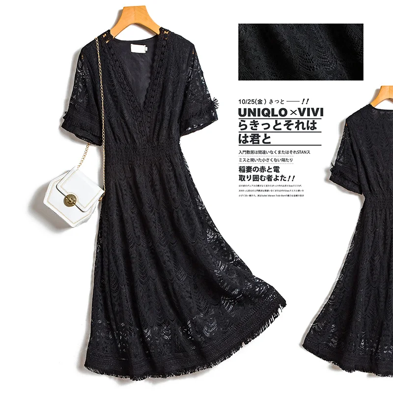 

Платье женское кружевное с V-образным вырезом, элегантное черное приталенное Формальное офисное платье-трапеция с коротким рукавом и поясо...