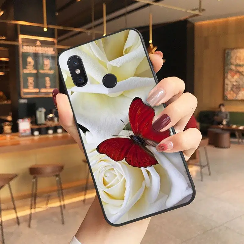 Red butterfly on white roses flower Drawing Phone Case For Xiaomi Mi 6 6plus 8 8SE 9 9SE 6X Note2 Note3 Coque Shell Cover