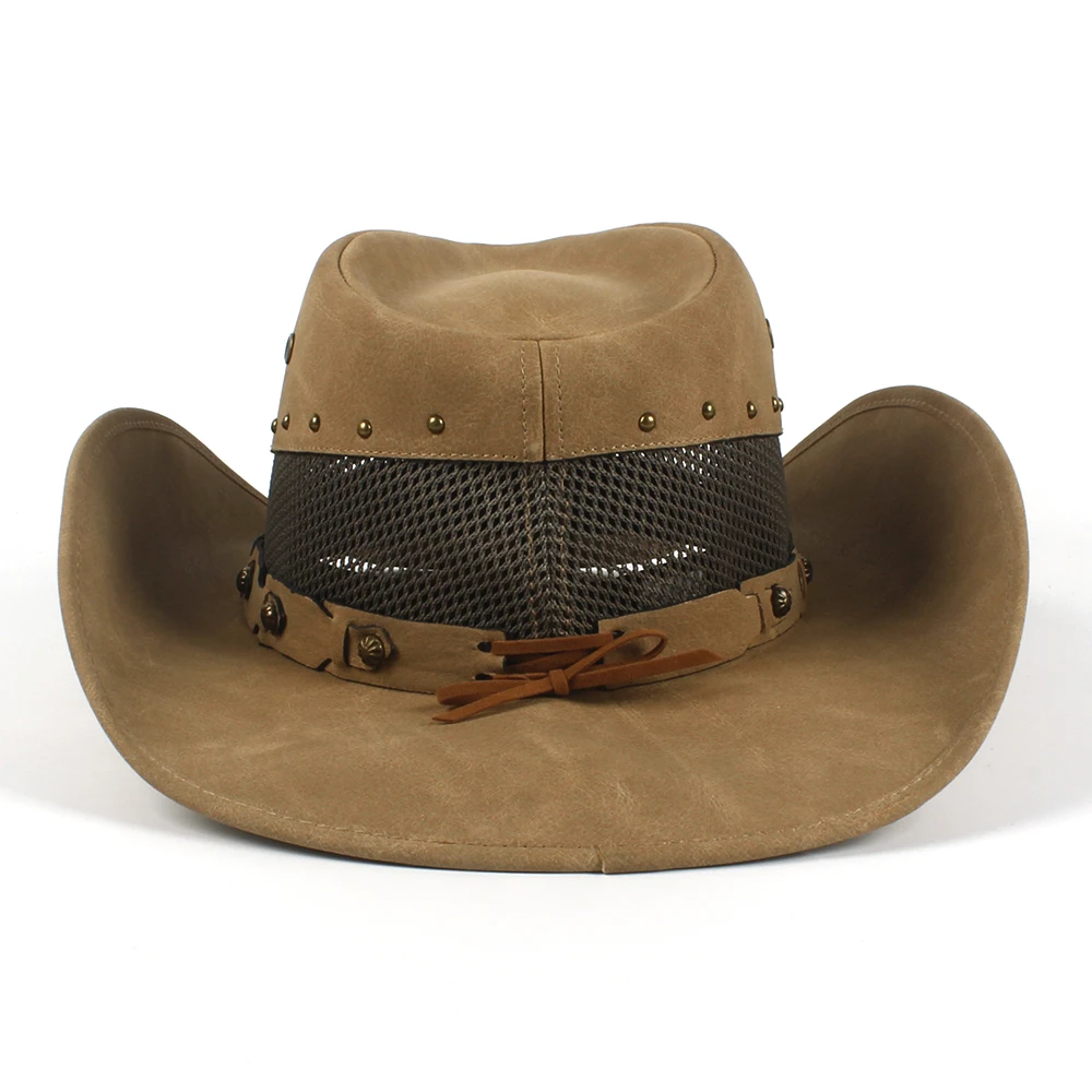 

100% Leather Men Western Cowboy Hat For Dad Gentleman Sombrero Hombre Jazz Caps Size 58-59CM