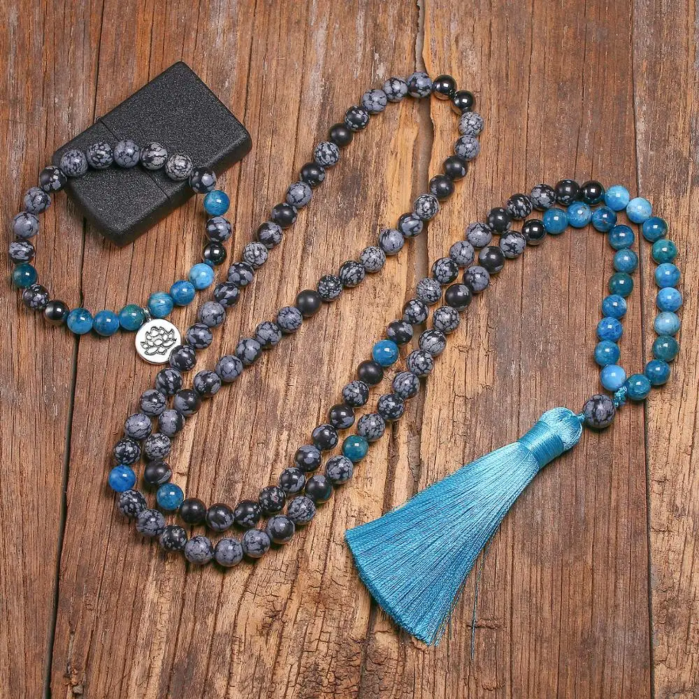 

8mm Natural Snowflake Obsidian Stone Beads and Apatite 108 Japamala Necklace For Women Men Bracelets Sets Meditation Jewelry