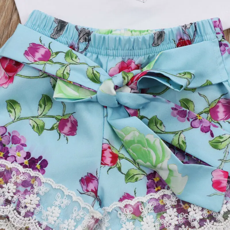 

UK Toddler Kids Baby Girl Clothes Top Floral T Shirt+Lace Short Pants Outfit Set
