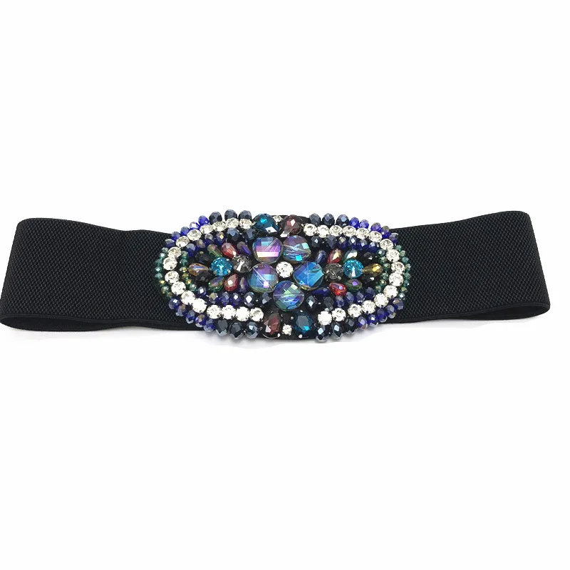 2019 New Fashion Color Crystal Elastic Belt Women's Brand Elastic Waistband Female Wide Belts for Women Dress Accessories Sw338