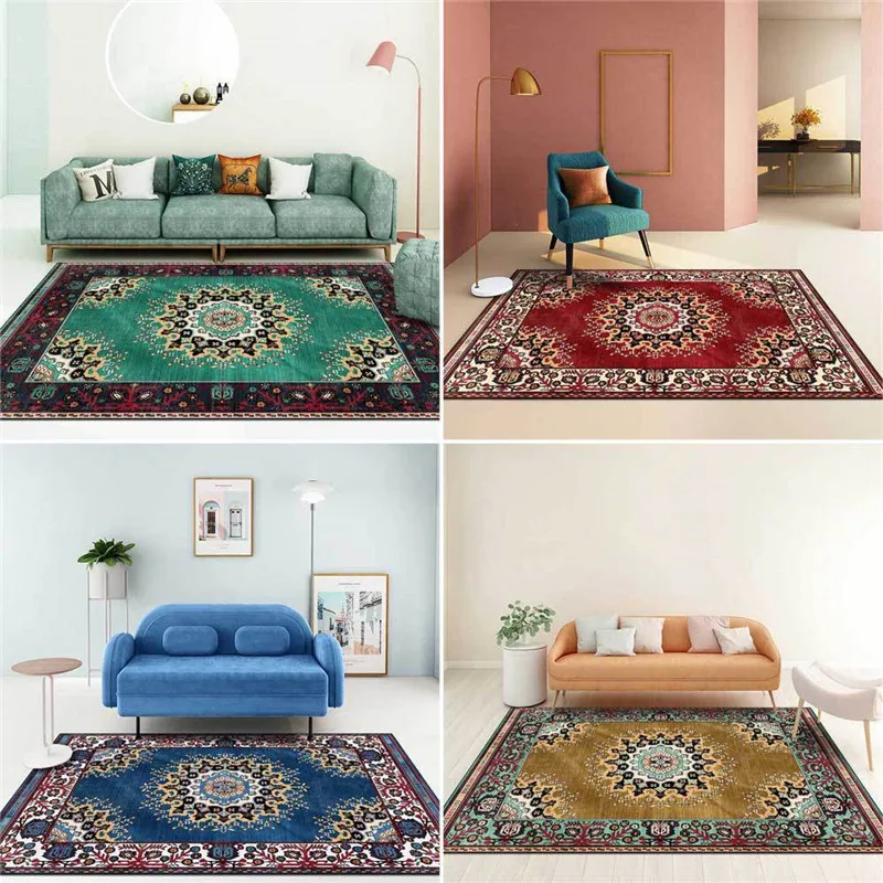 

Retro European-Style Rugs Persian Ethnic-Style Red Blue-Green Yellow Carpet Living Room Bedroom Bed Blanket Kitchen Floor Mat