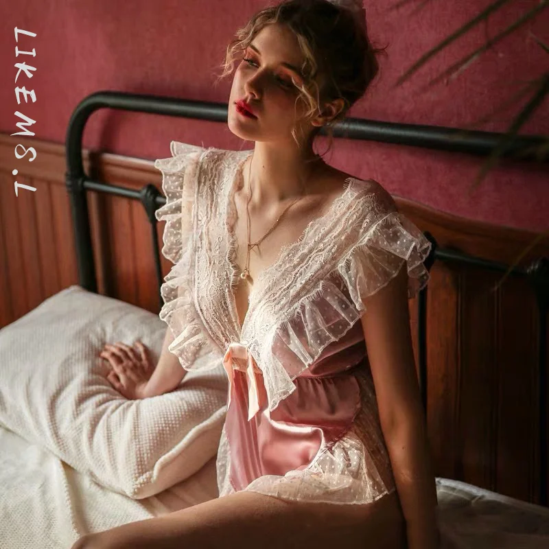 

French High-end Sexy Underwear Suit Cute Sweet Lace Leotard Passion Hidden Buckle-free Off Uniform Nightgown Onesie Women