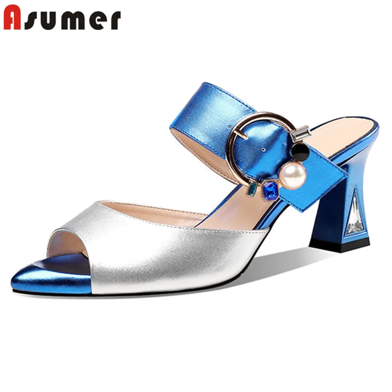

ASUMER 2021 top quality genuine leather shoes women slipper mixed colors buckle crystal high heels summer slipper ladies