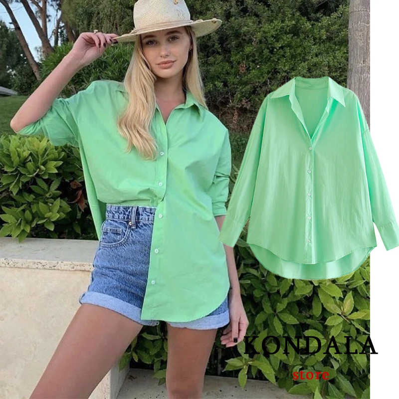 

Chic Green Oversized 100% Cotton Shirt Women's Single Button V-neck Solid Color Long Shirt Casual Fashion Shirt Elegant Top