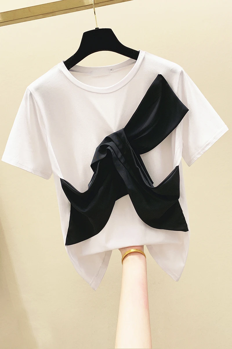 

Popular T Shirt for Women Summer Autumn New Korean Loose Sweet Bow Contrast Short Sleeve T-shirt Female Tops Mujer Camisetas