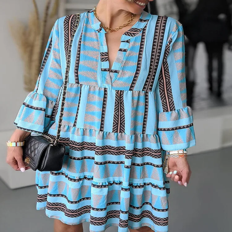 

Women Casual Long Dress V Neck Geometric Print Short Flared Sleeves Big Hem Short Skirt Streetwear Fashion Vetidos Feminino 2021