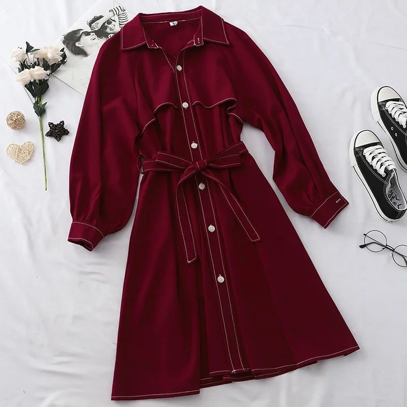 Gagarich Elegant Dress Women 2020 Autumn New Bright Line Midi Female Single Row Buckle Long Sleeve Strap Waist Lapel Vestidos | Женская